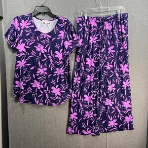 Stan Herman Regular Peached Jersey Floating Floral Pajama Se Purple, Medium